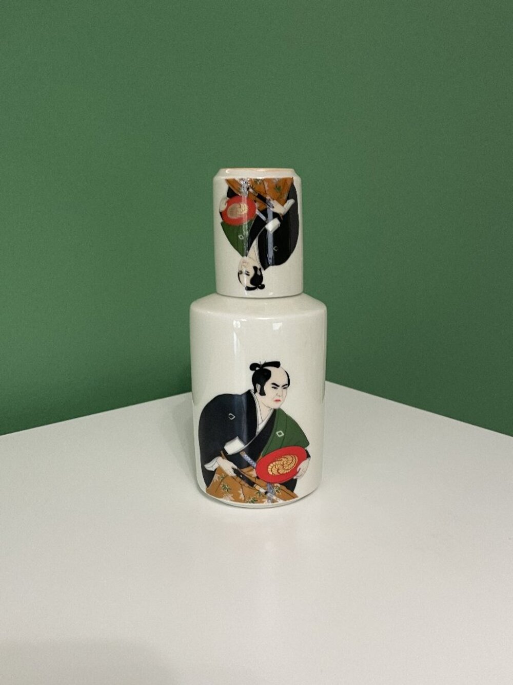 Rare: Vintage Japanese Porcelain Gold-Gilded “Samurai” Sake Bottle and Cup Set